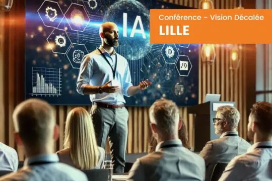 Image générée par l'IA d'un homme animant une conférence